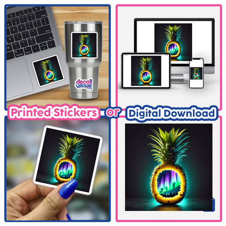 Collage featuring various depictions of a pineapple with northern lights inside, titled Aurora in the Tropics Northern Lights Inside a Pineapple, available as stickers or digital artwork from Decal Venue.