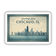 Greetings from Chicago Postcard Sticker or Clipart featuring a vintage skyline art design. Available as stickers or digital artwork, perfect for adding a retro touch with commercial rights.
