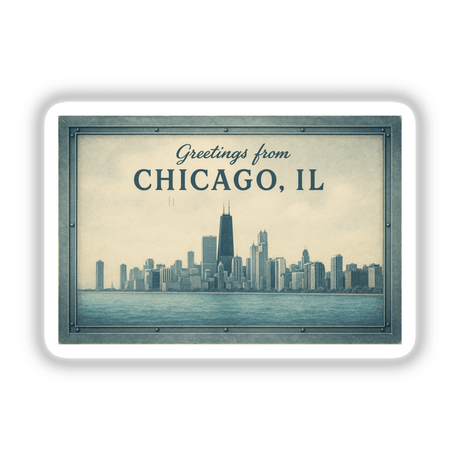 Greetings from Chicago Postcard Sticker or Clipart featuring a vintage skyline art design. Available as stickers or digital artwork, perfect for adding a retro touch with commercial rights.