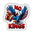 No Kings American Bald Eagle sticker features a cartoon eagle holding a crown alongside stylized letters. Available as a vinyl sticker or digital artwork, perfect for unique graphic design enthusiasts.
