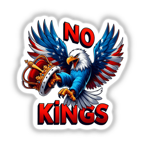 No Kings American Bald Eagle sticker features a cartoon eagle holding a crown alongside stylized letters. Available as a vinyl sticker or digital artwork, perfect for unique graphic design enthusiasts.