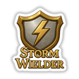 Storm Wielder – RPG-Style Skill Badge featuring a gold and silver lightning crest, available as stickers or digital artwork, showcasing intricate design elements that reflect Decal Venue's unique aesthetic.