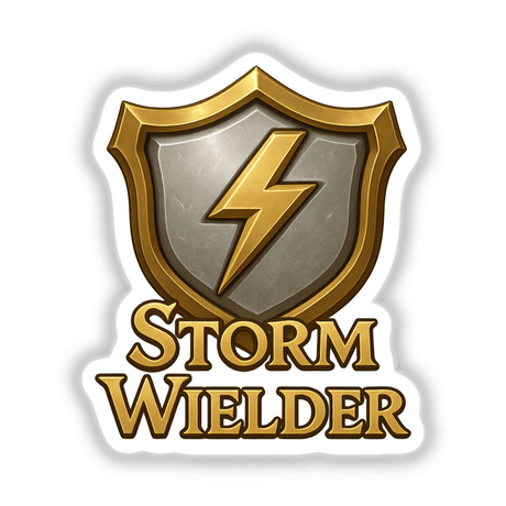 Storm Wielder – RPG-Style Skill Badge featuring a gold and silver lightning crest, available as stickers or digital artwork, showcasing intricate design elements that reflect Decal Venue's unique aesthetic.