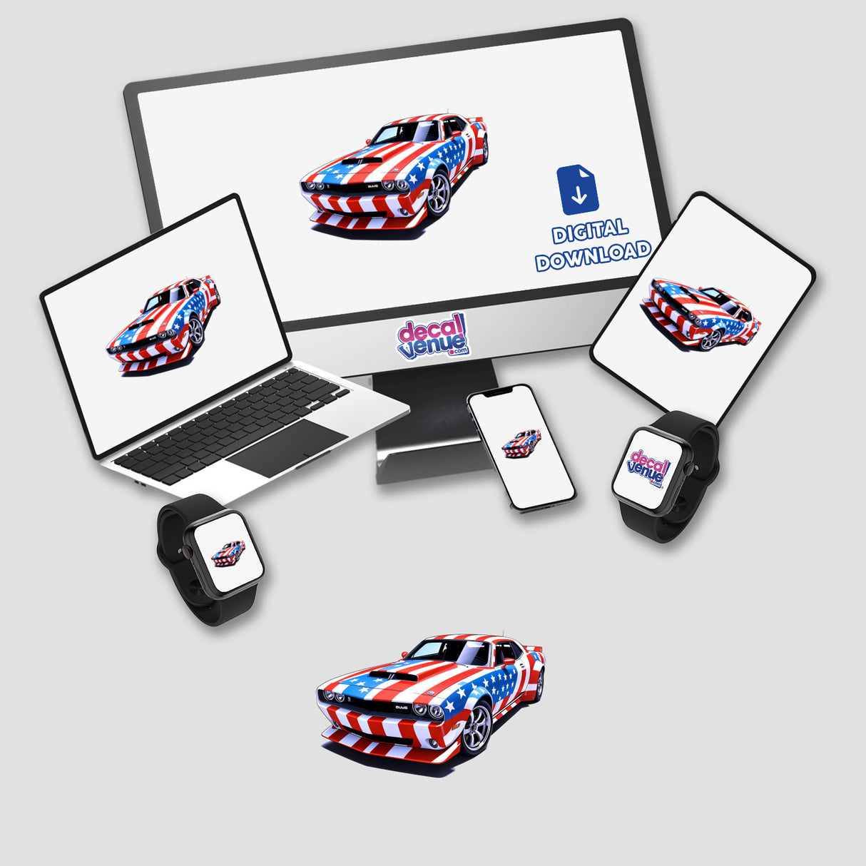 A Cool American Flag Muscle Car displayed on a computer monitor and laptop, showcasing vibrant decals available as vinyl stickers or digital artwork from Decal Venue.