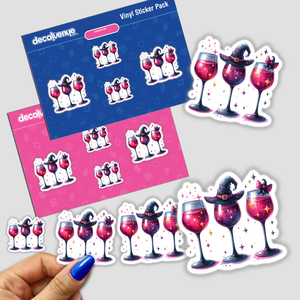 Three Halloween Witchy Red Wine Glasses stickers shown in a hand, featuring cartoon wine glasses with pink liquid, perfect for unique decorations or digital artwork.