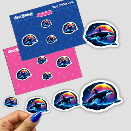 A Cute Magical Orca sticker featuring an orca swimming in the ocean, close-up of a hand holding it. Available as a sticker or digital artwork.