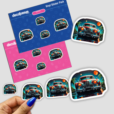 A sticker set titled A Classic Futuristic Car, featuring various car images, including a car on water and illuminated cars, available as stickers or digital artwork.