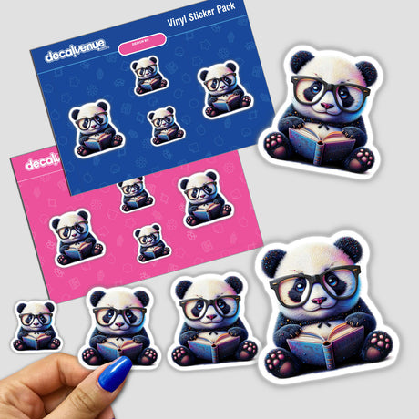 Sticker of a panda bear with reading glasses and an open book, held by a hand. Available as stickers or digital artwork from Decal Venue.