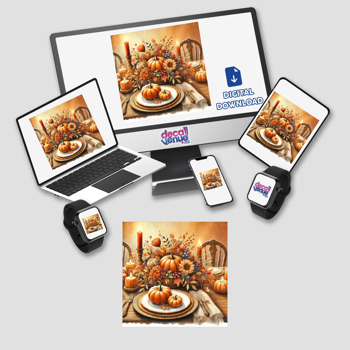 Thanksgiving Table - Festive Feast with Pumpkins and Leaves: A laptop and tablet display stickers or digital artwork of a table setting with pumpkins, available from Decal Venue.