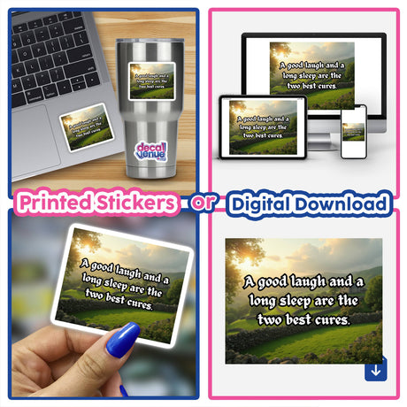 A collage showcasing A Good Laugh and Long Sleep Irish Quote on scenic countryside sticker or clipart, featuring a laptop with the design and elements like a hand holding a card.
