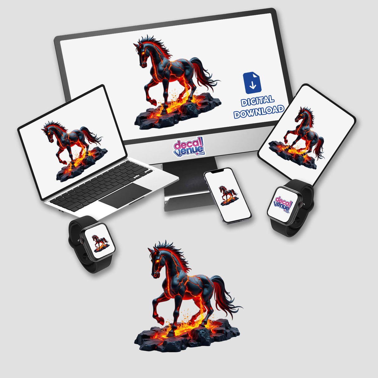 Molten Lava Horse artwork displayed on a computer monitor and laptop, featuring a horse statue with molten lava elements, available as stickers or digital artwork from Decal Venue.