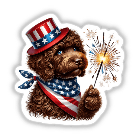 Adorable patriotic Goldendoodle dog wearing Uncle Sam hat and bandana, holding sparkling firework, featured in digital art from Decal Venue.