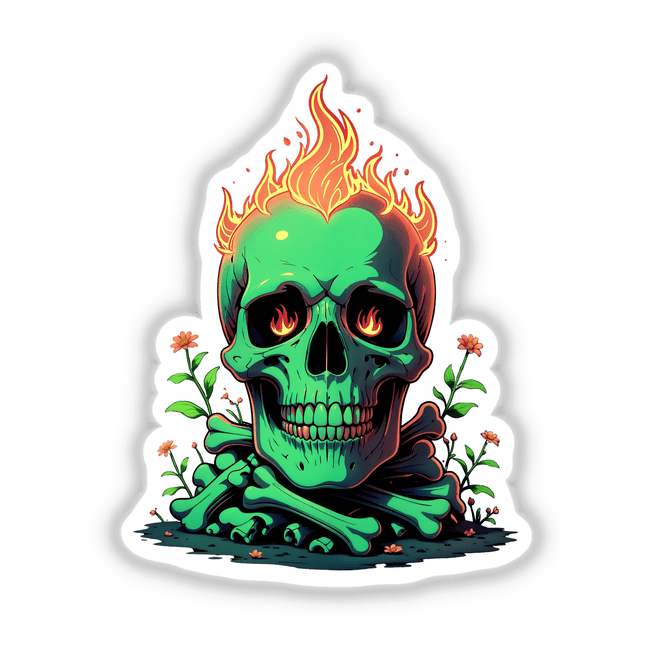 A Skull And Bones On Fire artwork featuring a green skull engulfed in vibrant flames, available as high-quality stickers and digital prints, showcasing edgy and striking design elements.