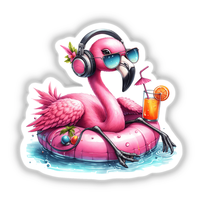 Colorful digital illustration of a flamingo wearing headphones and floating on a pink pool float, surrounded by tropical elements like a drink and sunglasses.