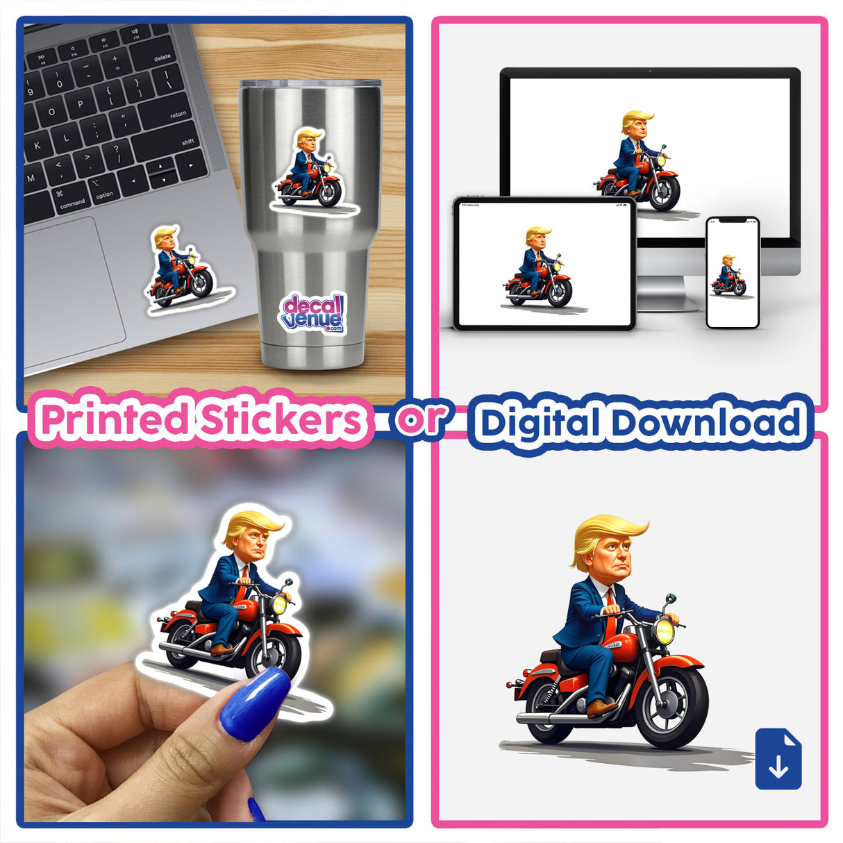 President Donald Trump on a motorcycle depicted in a collage, available as stickers or digital artwork, blending realistic and cartoon styles for a unique visual representation.