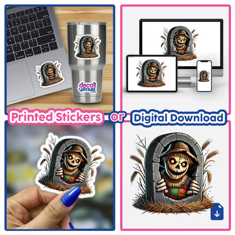 Spooky Halloween scarecrow peeking out from behind a tombstone, with digital artwork showcased on various devices and products.
