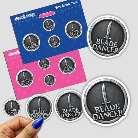 Blade Dancer – RPG-Style Skill Badge features a silver sword emblem, available as vinyl stickers or digital artwork, reflecting Decal Venue's unique offerings in creative design.