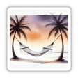 Hammock Retreat - Peaceful Boho Watercolor Art: A serene watercolor depiction of a hammock strung between palm trees, evoking a tranquil, bohemian beach vibe. Available as stickers or digital artwork.