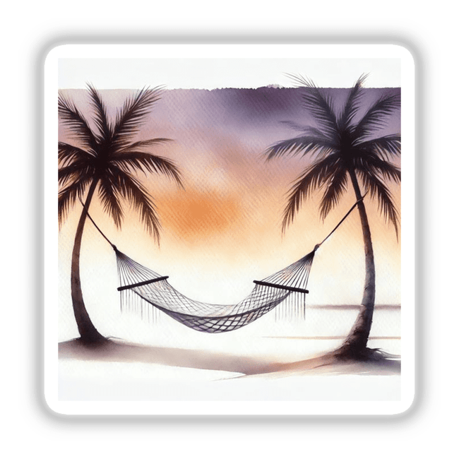 Hammock Retreat - Peaceful Boho Watercolor Art: A serene watercolor depiction of a hammock strung between palm trees, evoking a tranquil, bohemian beach vibe. Available as stickers or digital artwork.