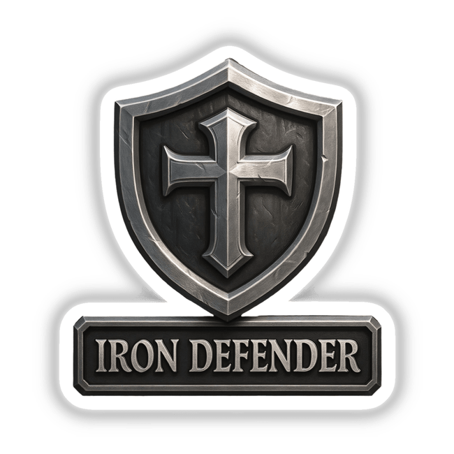 Iron Defender – RPG-Style Skill Badge (Silver Knight Shield) featuring intricate silver shield design, available as a vinyl sticker or digital artwork, embodying Decal Venue's unique artistic flair.