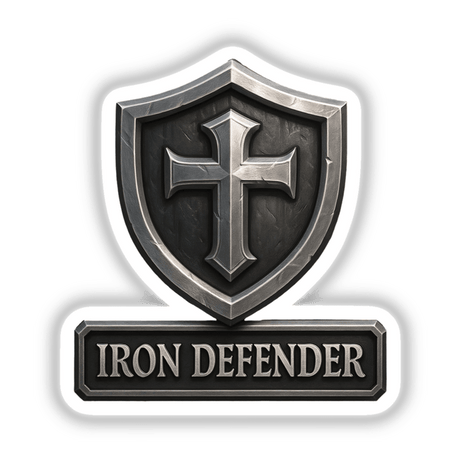 Iron Defender – RPG-Style Skill Badge (Silver Knight Shield) featuring intricate silver shield design, available as a vinyl sticker or digital artwork, embodying Decal Venue's unique artistic flair.