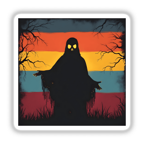 Ghost Silhouette with Bold Color Stripes Halloween: A black figure with a skull for a head, resembling a bird-like silhouette. Available as stickers or digital artwork from Decal Venue.