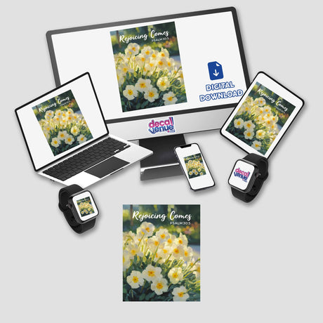Primrose Rejoicing Comes Sticker or Clipart featuring Psalm 30:5, displayed on a laptop and computer screen with floral imagery, available as vinyl stickers or digital artwork.