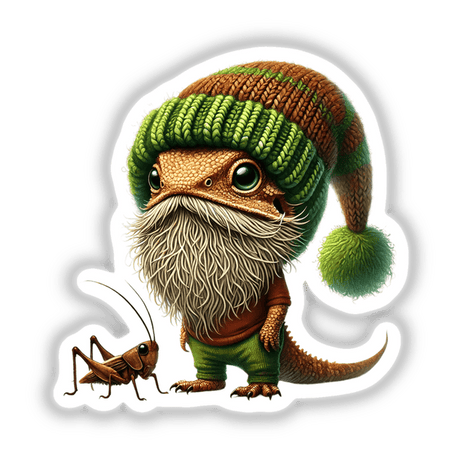 Bearded Dragon with Cricket: A cartoon bearded dragon in a green hat, accompanied by a cricket, available as stickers or digital artwork.