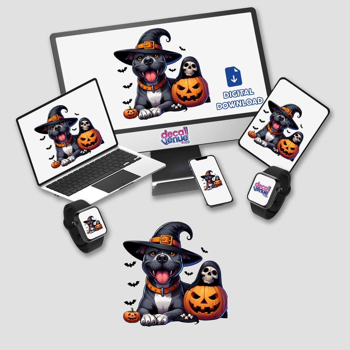 Adorable Halloween Pitbull dog with spooky ghost and jack-o'-lantern decal design for digital downloads available at Decal Venue shop.