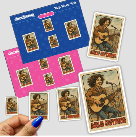 Arlo Guthrie Woodstock Retro Trading Card Printable: Close-up of a hand holding a sticker pack featuring Arlo's curls, suede jacket, and grin, perfect for collectors and music enthusiasts.