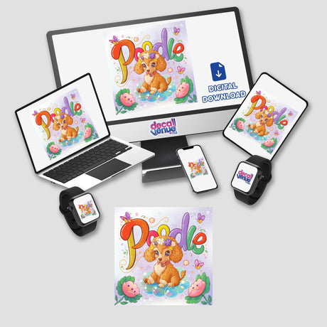 Playful poodle puppy surrounded by colorful flowers and hearts on digital artwork displayed across various devices including a laptop, smartphone, and smartwatch. The Decal Venue logo is visible, indicating this is a product from their Shopify store that offers unique stickers and digital art.