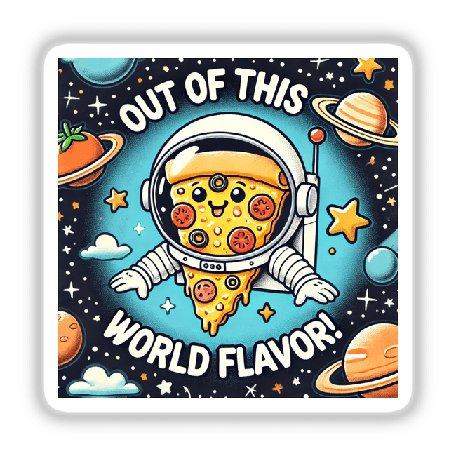 Pizza Planet - Out of this world flavor: A cartoon pizza floating in space, available as unique stickers or digital artwork from Decal Venue.