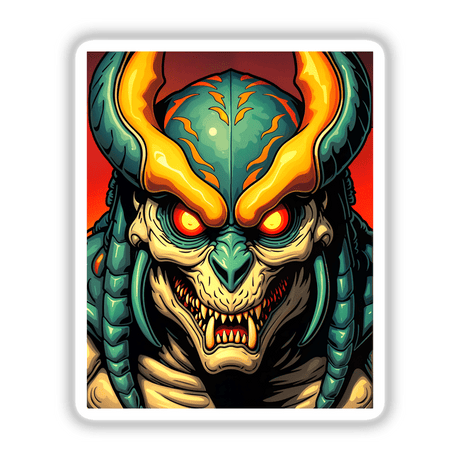 A Cool Alien Predator Soldier in cartoon style, featuring horns, available as stickers or digital artwork from Decal Venue.
