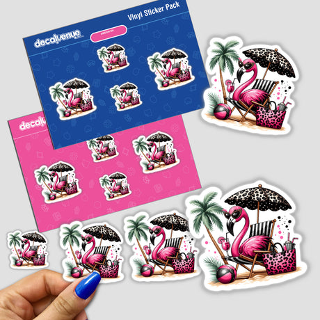 Sassy Flamingo Sitting Under Leopard Beach Umbrella sticker pack features whimsical flamingo and umbrella designs, perfect for adding a playful touch to any surface. Available as stickers or digital artwork.