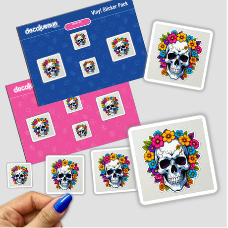 Pretty Skeletons sticker featuring skulls adorned with flowers, capturing a unique artistic design. Available as part of Decal Venue's collection of distinctive vinyl stickers and digital artwork.