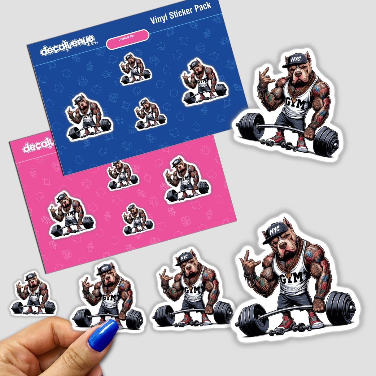 Pitbull Gym Bodybuilder Dog NYC sticker depicting a cartoon dog lifting weights. Available as stickers or digital artwork from Decal Venue, known for unique stickers and digital art.