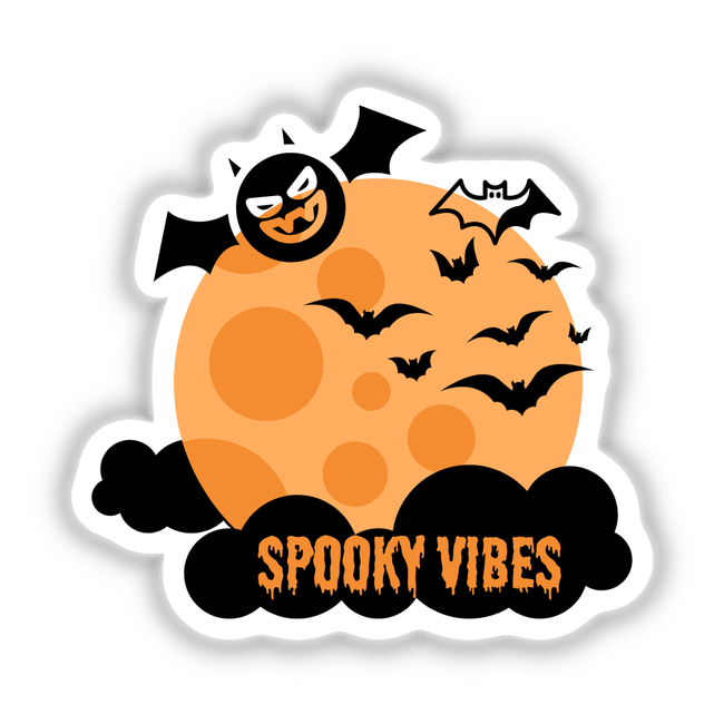 Spooky Vibes sticker features a moon with bats and playful text, ideal for Halloween decor. Available as a sticker or digital artwork from Decal Venue.