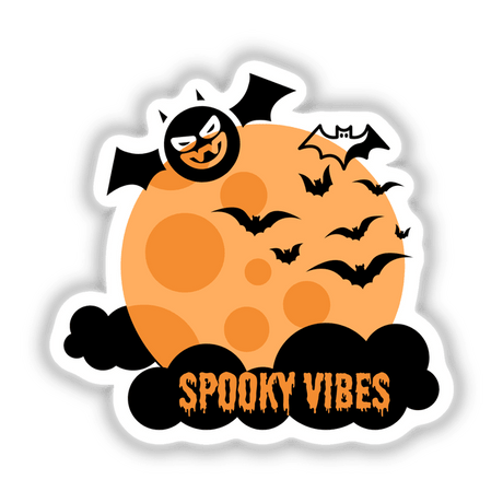 Spooky Vibes sticker features a moon with bats and playful text, ideal for Halloween decor. Available as a sticker or digital artwork from Decal Venue.