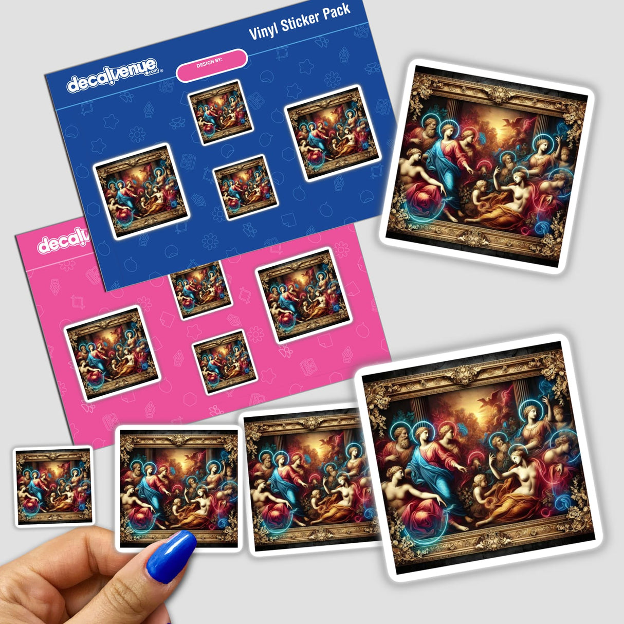 Hand holding a sticker pack titled Neon Baroque - Classical Figures with Modern Neon Accents, showcasing vibrant artwork blending classical figures with contemporary neon touches, ideal for art enthusiasts.