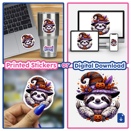 Sticker or digital artwork of a Halloween sloth wearing a witch hat, shown in various settings like laptops, cups, and phones.