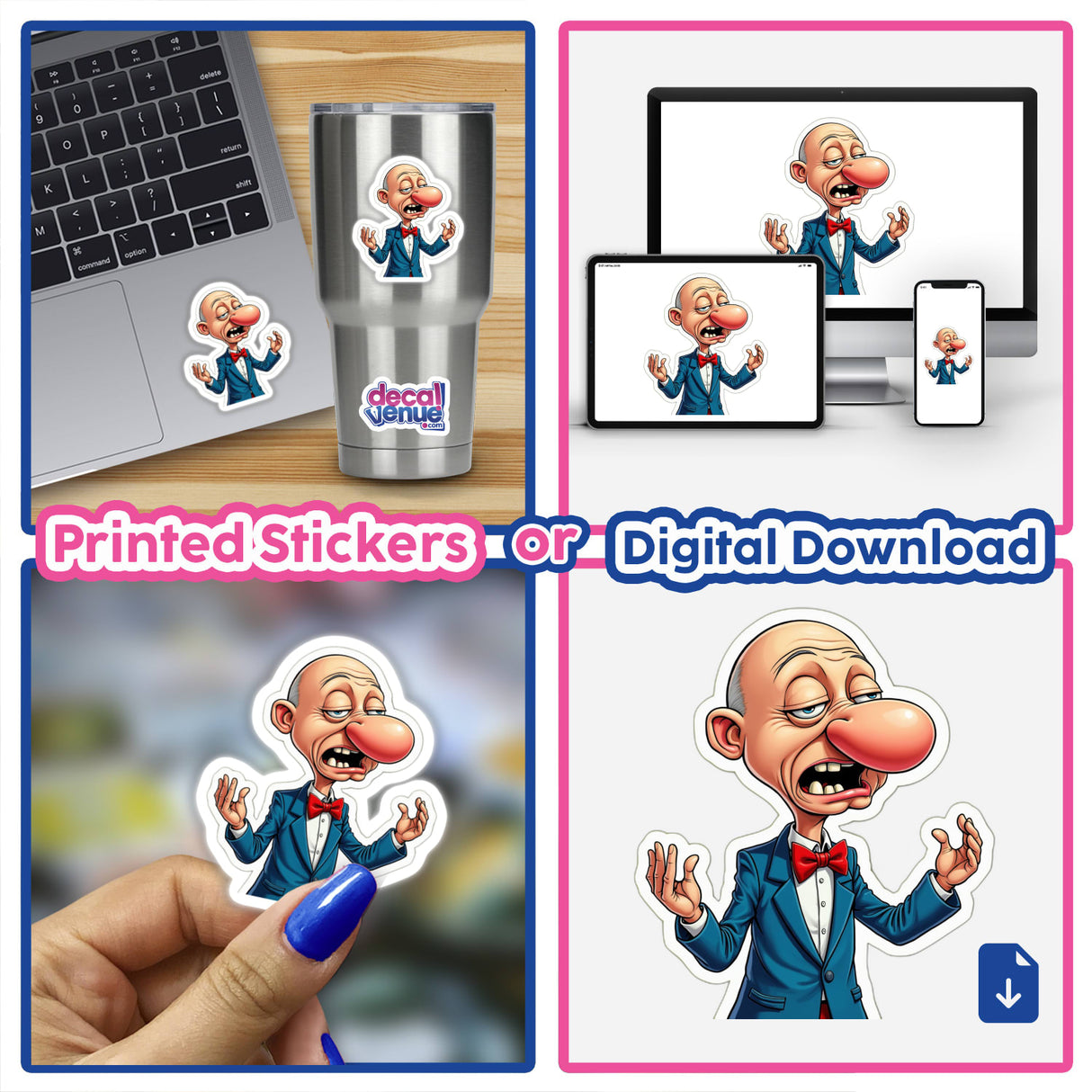 Nariz Inchadão collage featuring various depictions of a cartoon character with a large nose, available as stickers or digital artwork.