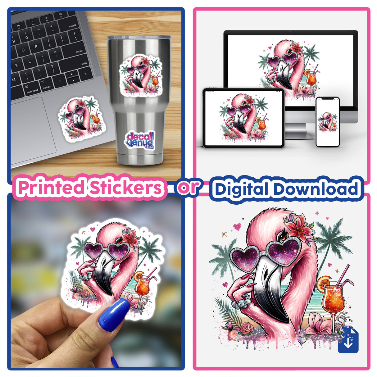Vibrant watercolor flamingo sticker with tropical foliage and sunglasses, displayed on laptop, drink tumbler, and various digital devices - a unique digital artwork from Ella Designz available at Decal Venue.