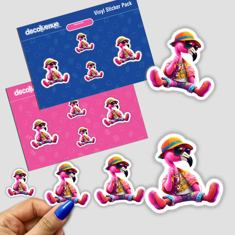 Trendy Flamingo Sitting Pretty stickers feature charming cartoon flamingos in various poses, perfect for adding a playful touch to any surface. Available as physical stickers or digital artwork.
