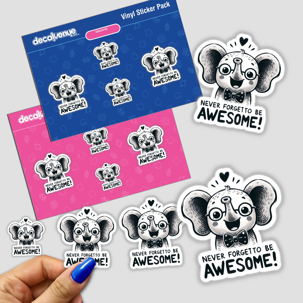 Stickers featuring a cartoon elephant with the phrase Elephant Never Forget To Be Awesome, showcasing playful animal designs and motivational words.