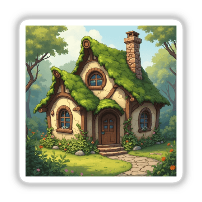 Rustic Fairy Tale Cottage Art Clipart features a cartoon house with a green roof, chimney, and cartoon windows, available as stickers or commercial rights digital artwork.