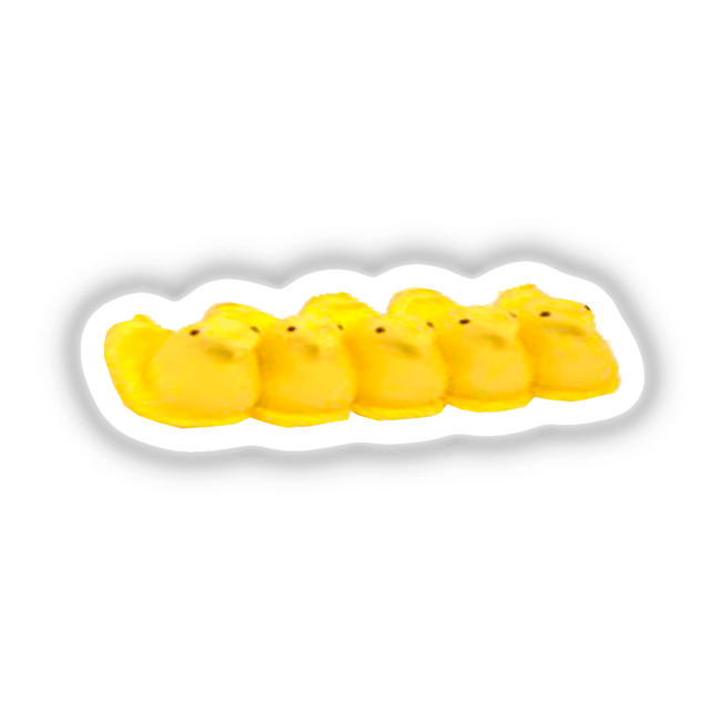 Cute yellow Easter peeps in a row in the image.
