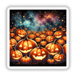 Pumpkin Patch - Glowing Jack-o-Lanterns Watercolor: A group of intricately carved pumpkins with smiling, illuminated faces, available as stickers or digital artwork from Decal Venue.
