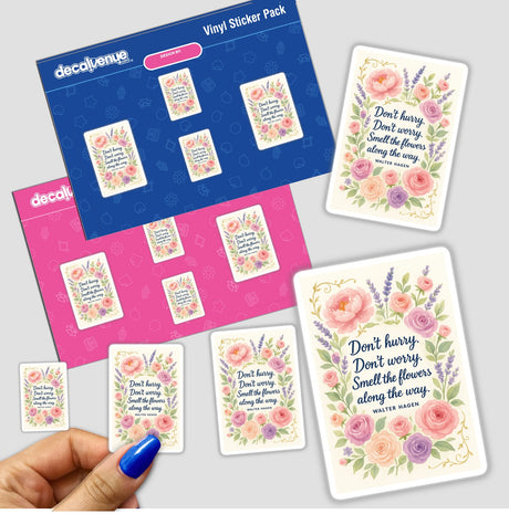 Smell the Flowers Quote Sticker or Clipart features floral designs, held in a hand, offering unique vinyl stickers and digital art with commercial rights by Walter Hagen.