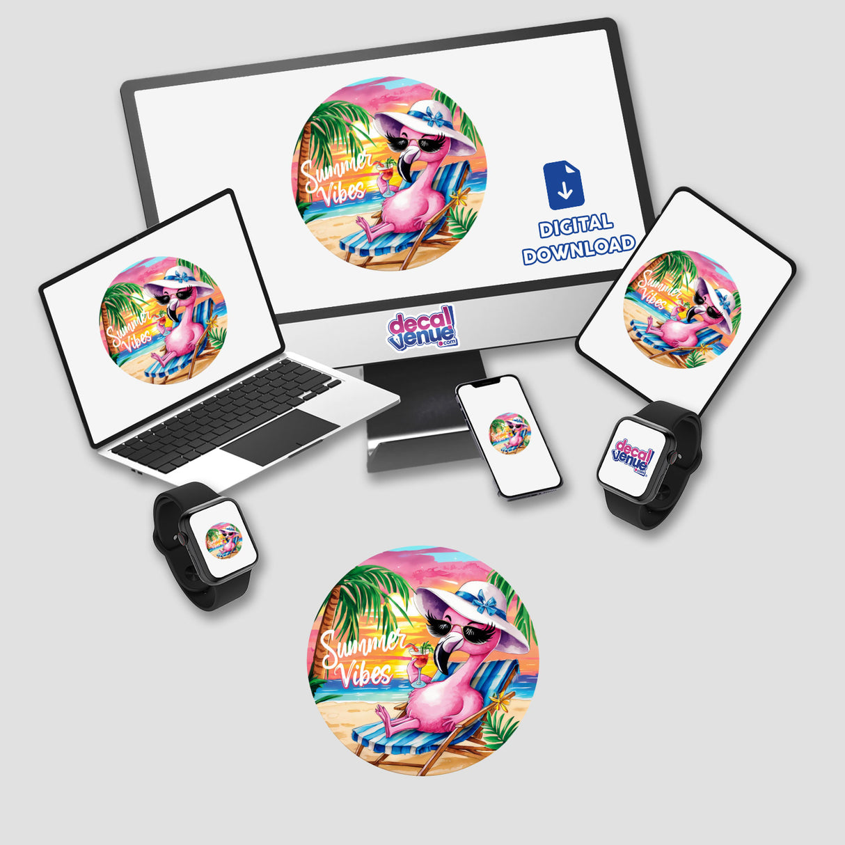 Vibrant digital artwork depicting a relaxed, sunglasses-wearing flamingo bird against a tropical beach background, featuring palm trees, ocean, and a colorful, vibrant summer vibe. The image is displayed across various digital devices including a laptop, smartphone, and smartwatch, showcasing the versatility of this Watercolor Summer Vibes Lazy Flamingo Bird digital artwork.
