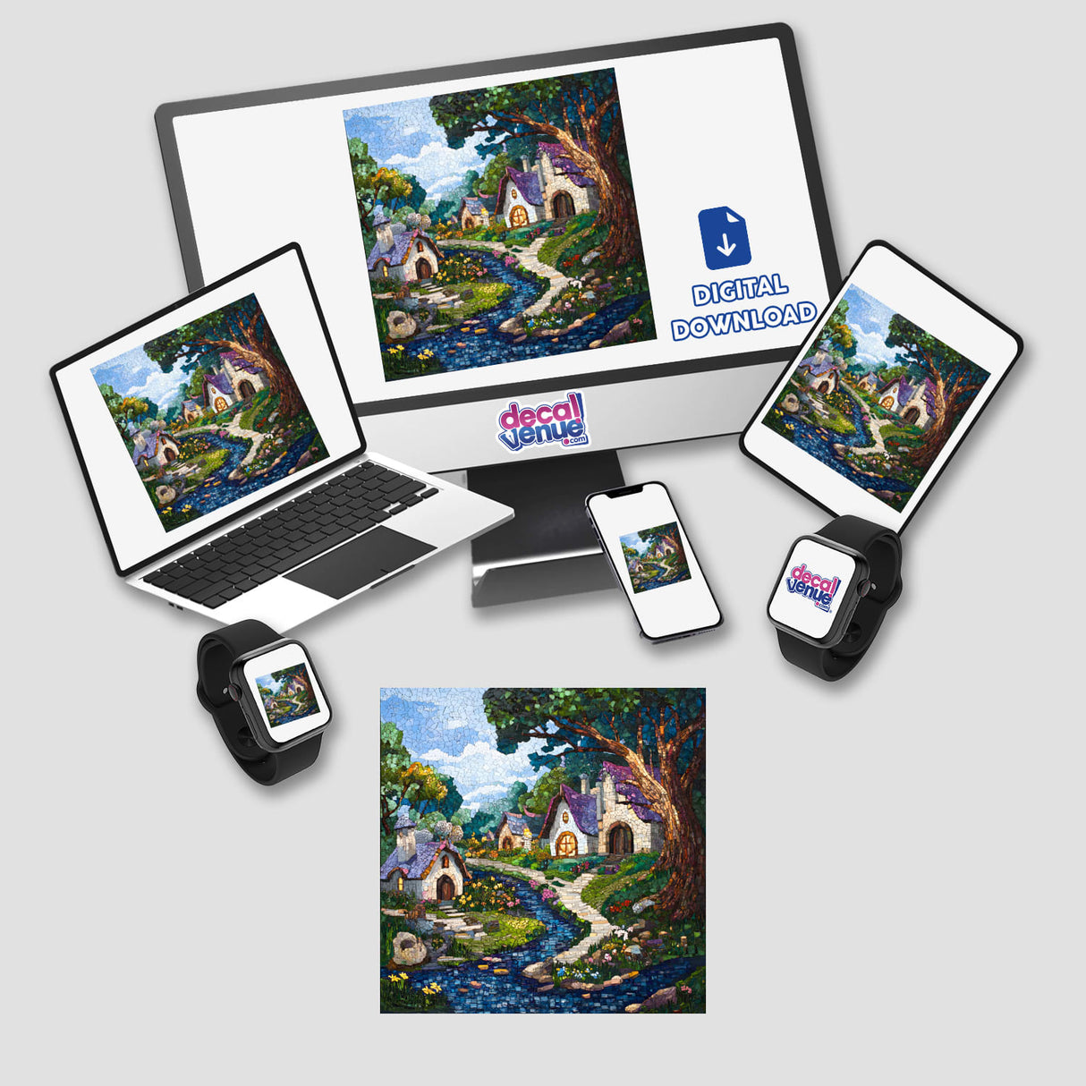 Enchanted Forest and Village Mosaic displayed on a computer monitor and laptop, highlighting intricate digital artwork; available as stickers or digital artwork at Decal Venue.